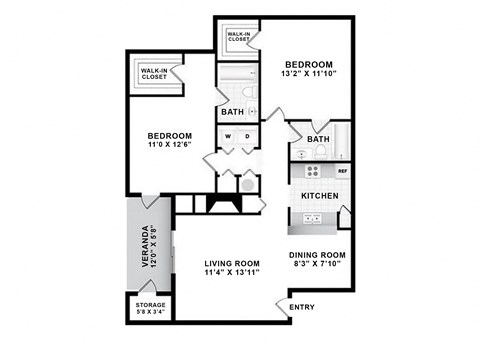 Floor plan for 2 beds, 2 baths, 1113 sqft